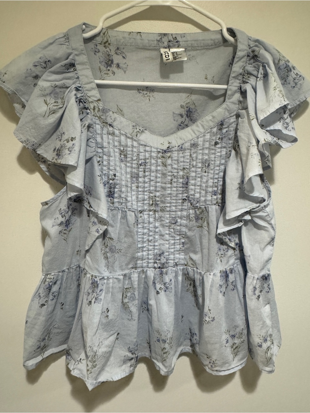 H&M Light Blue Floral Ruffle Sleeve Blouse